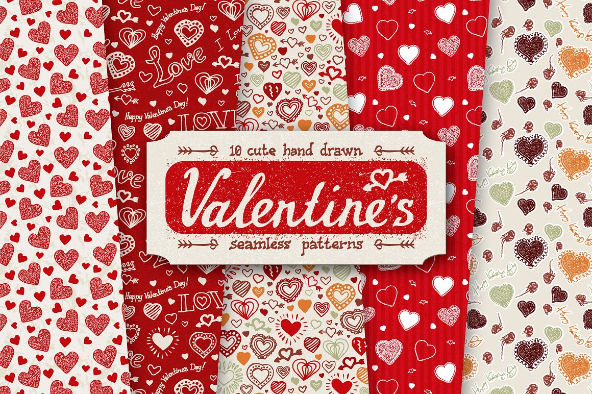 10款可爱的手绘情人节纹理无缝隙图案设计素材 10 Valentine Day Patterns插图