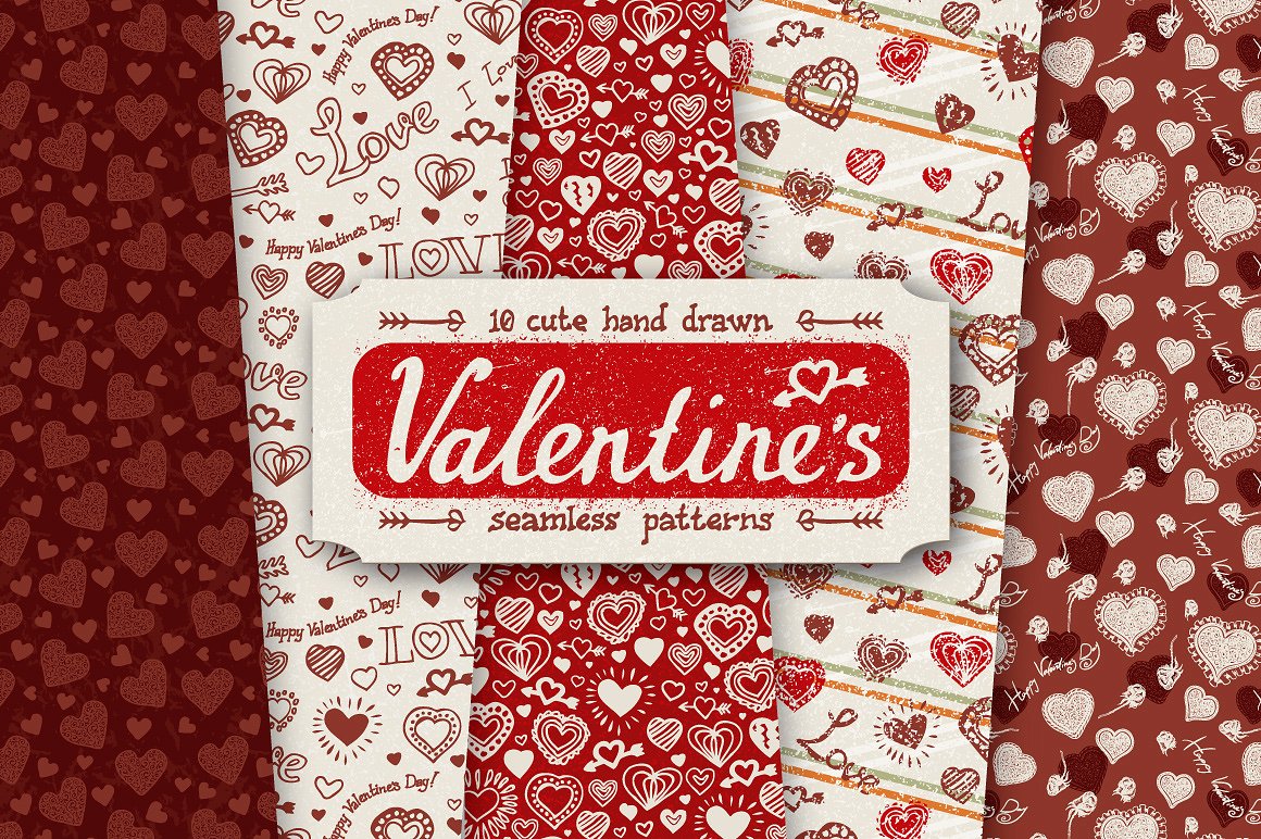10款可爱的手绘情人节纹理无缝隙图案设计素材 10 Valentine Day Patterns插图1