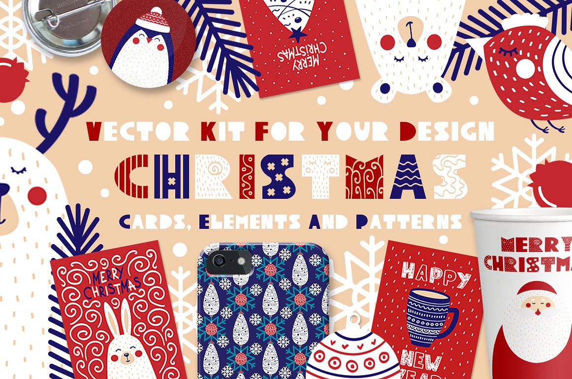 圣诞贺卡元素和图案 Christmas Cards Elements Patterns插图