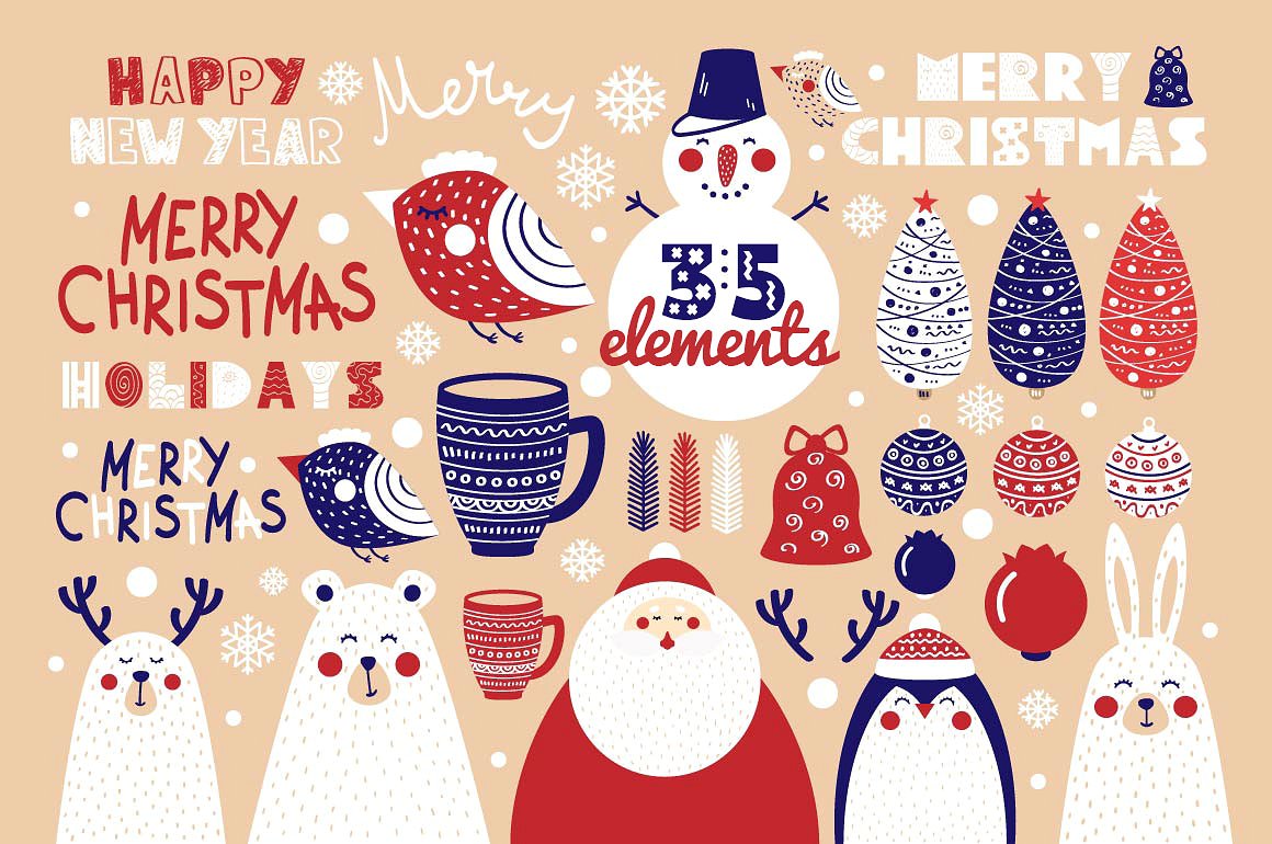 圣诞贺卡元素和图案 Christmas Cards Elements Patterns插图6