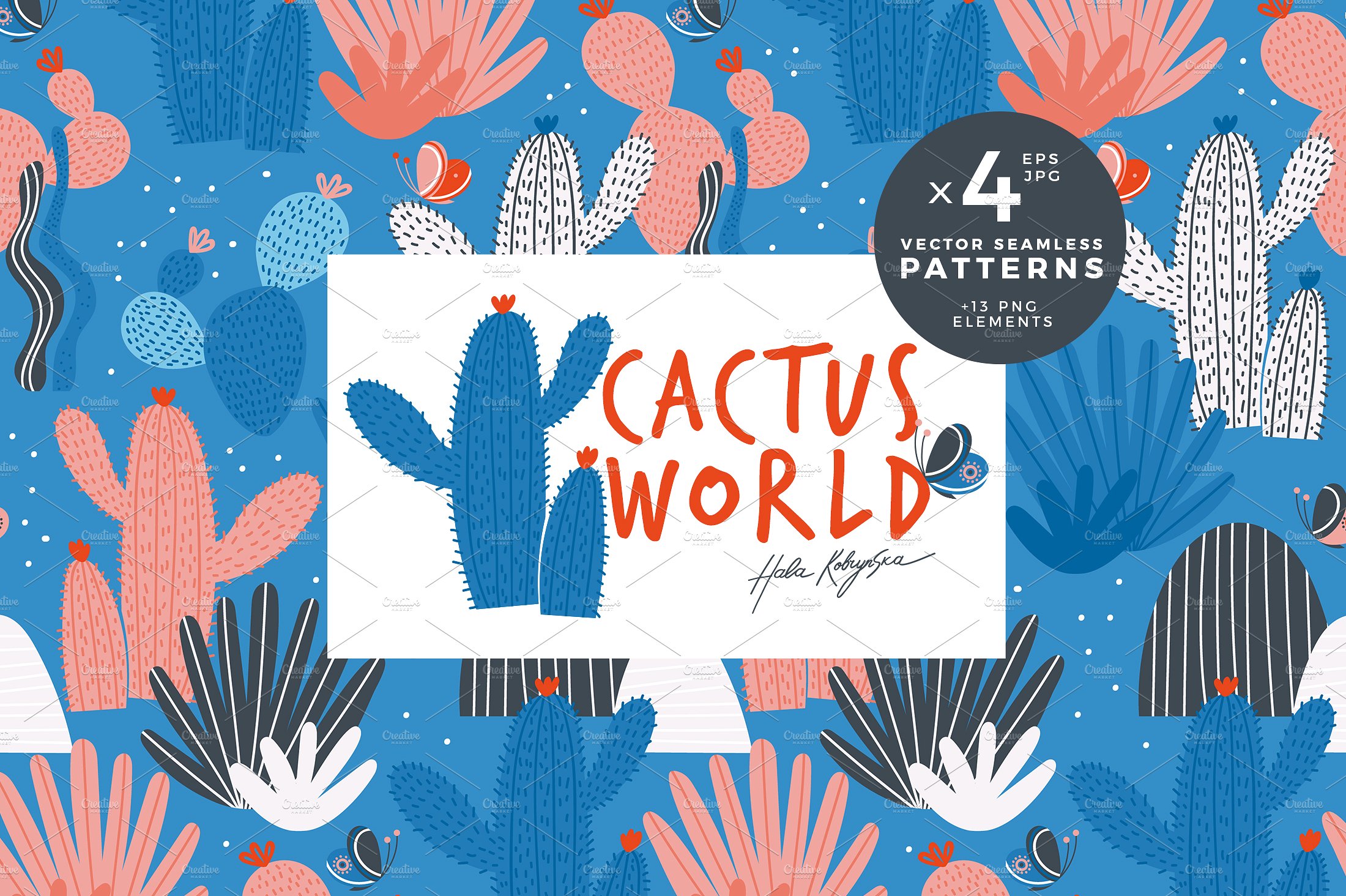 仙人掌手绘矢量图案 Cactus World Weamless Pattern插图