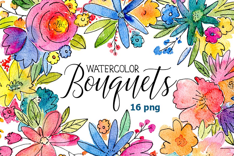 水彩手绘花卉16花束集合 Watercolor Bouquets Of Flowers插图