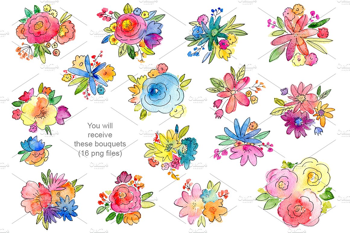 水彩手绘花卉16花束集合 Watercolor Bouquets Of Flowers插图2
