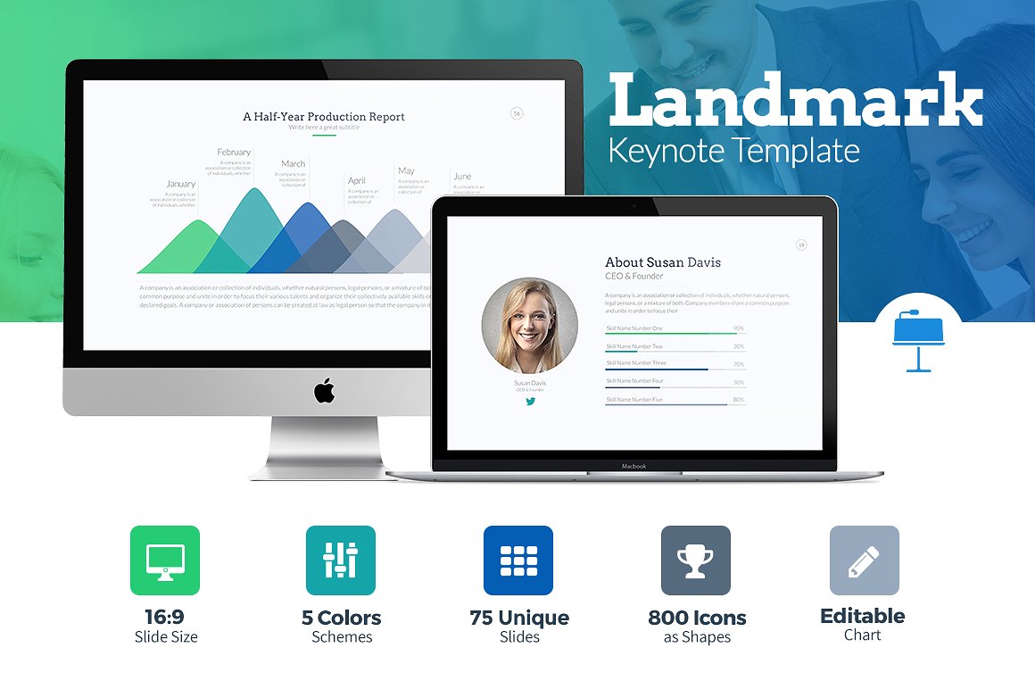 清新多功能产品&数据展示keynote模版 Landmark Keynote Template插图