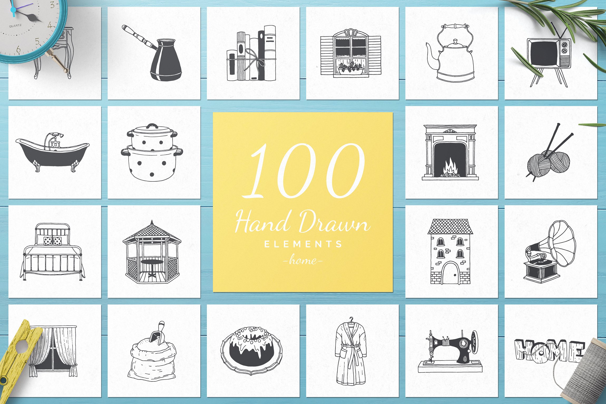 100个矢量家居手绘元素 100 Vector Home Hand Drawn Elements插图