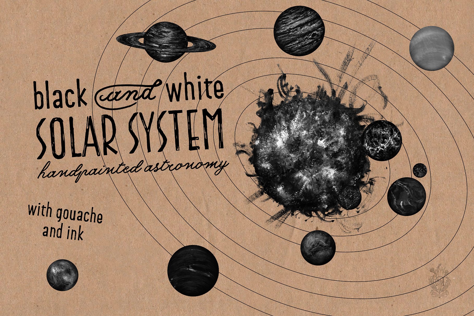 带水粉和墨水的太阳能系统纹理 Solar System With Gouache And Ink插图