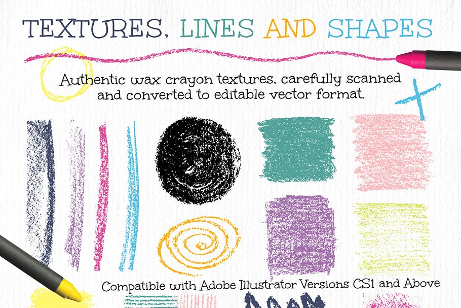 蜡笔纹理和设计元素 Crayon Textures and Design Elements插图1