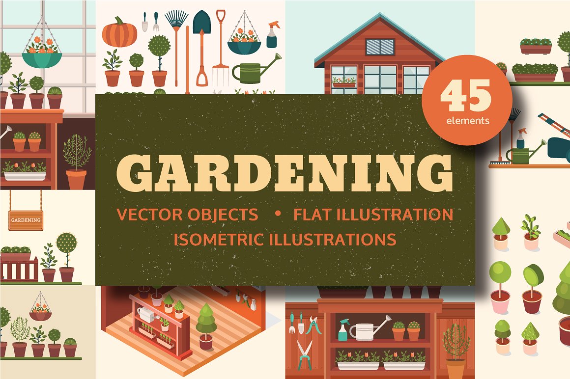 园艺元素矢量插图 Gardening Elements Vector Illustration插图