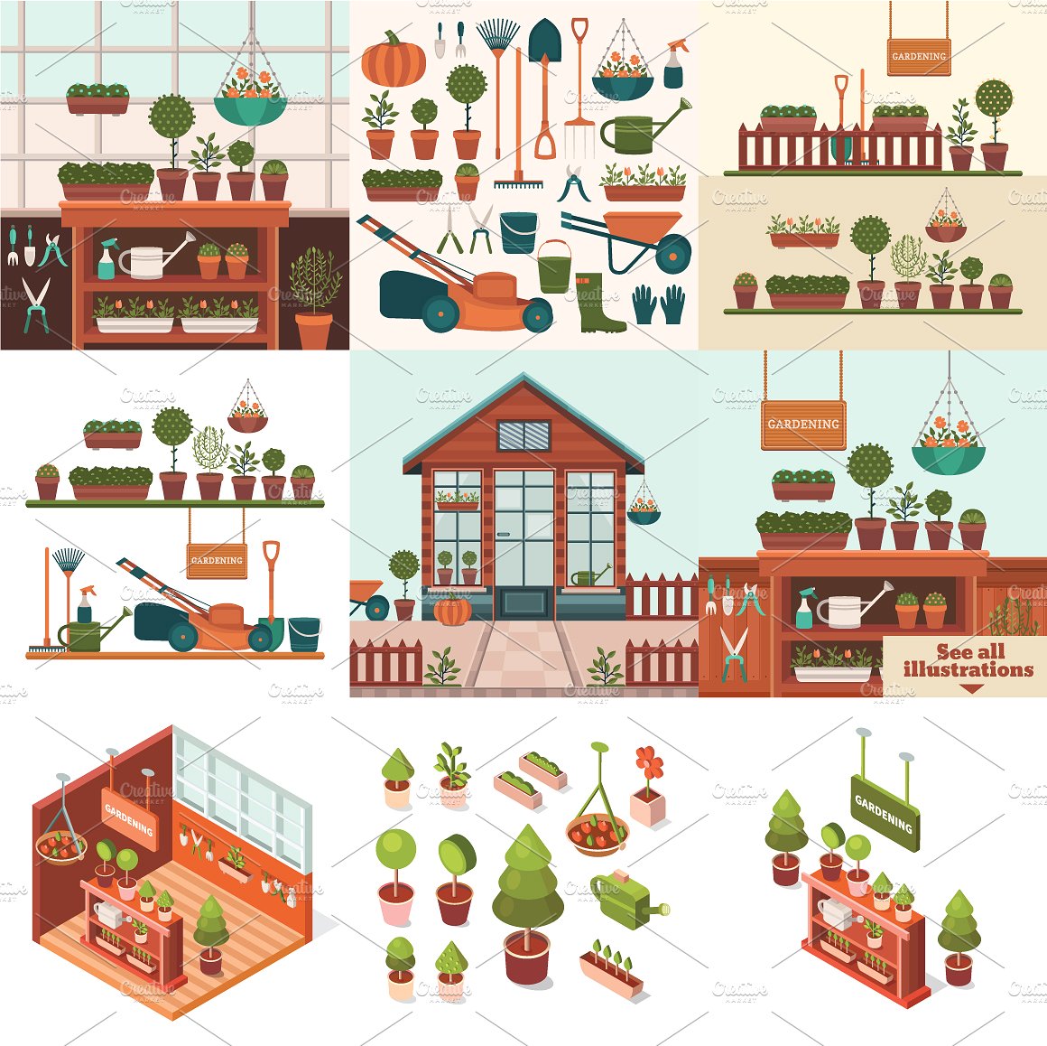 园艺元素矢量插图 Gardening Elements Vector Illustration插图4