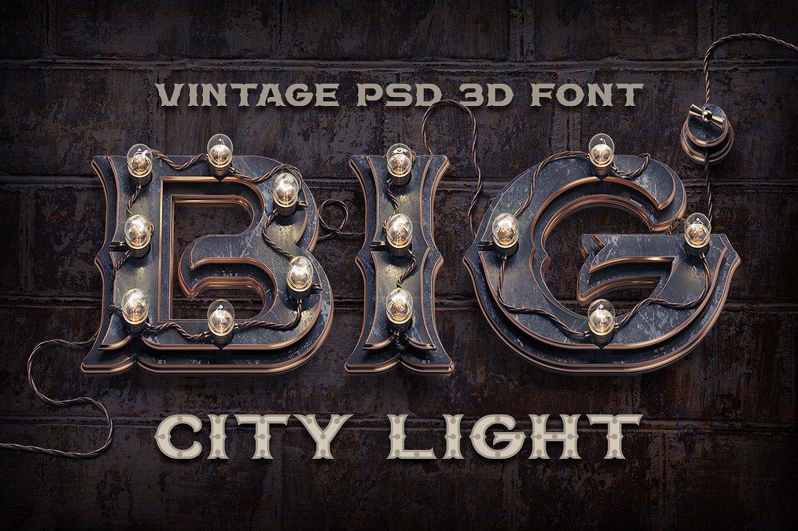 蒸汽朋克风格3D渲染字体 Alphabet BIG City Light Font插图
