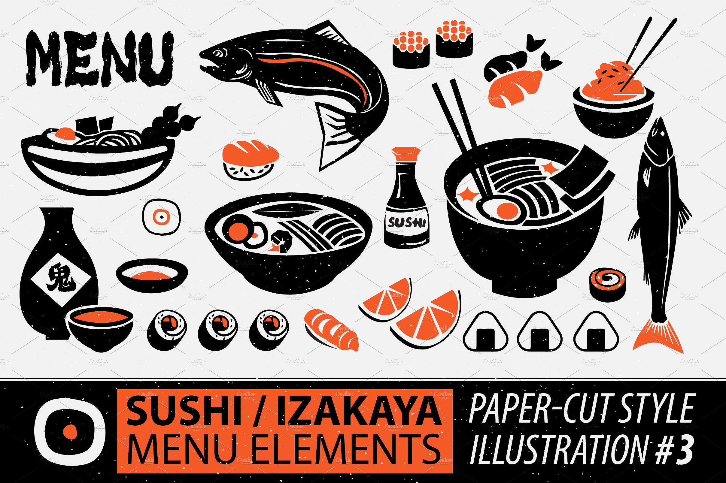 剪纸风格寿司元素 Papercut Style Sushi Elements插图2