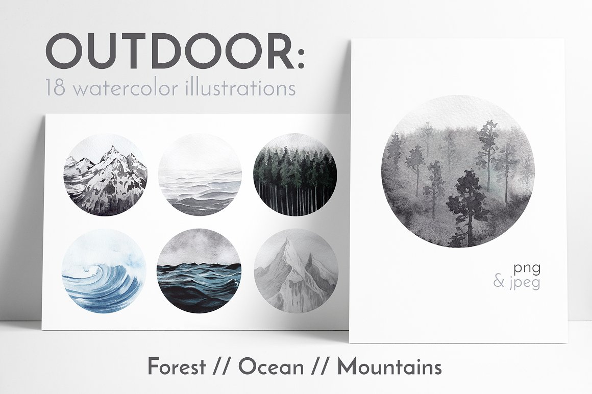 18幅手绘水彩山水森林图形 OUTDOOR Watercolor Collection插图