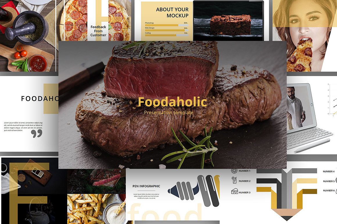 精美餐饮企业总结报告幻灯片演示模板 Foodaholic Presentation Template插图