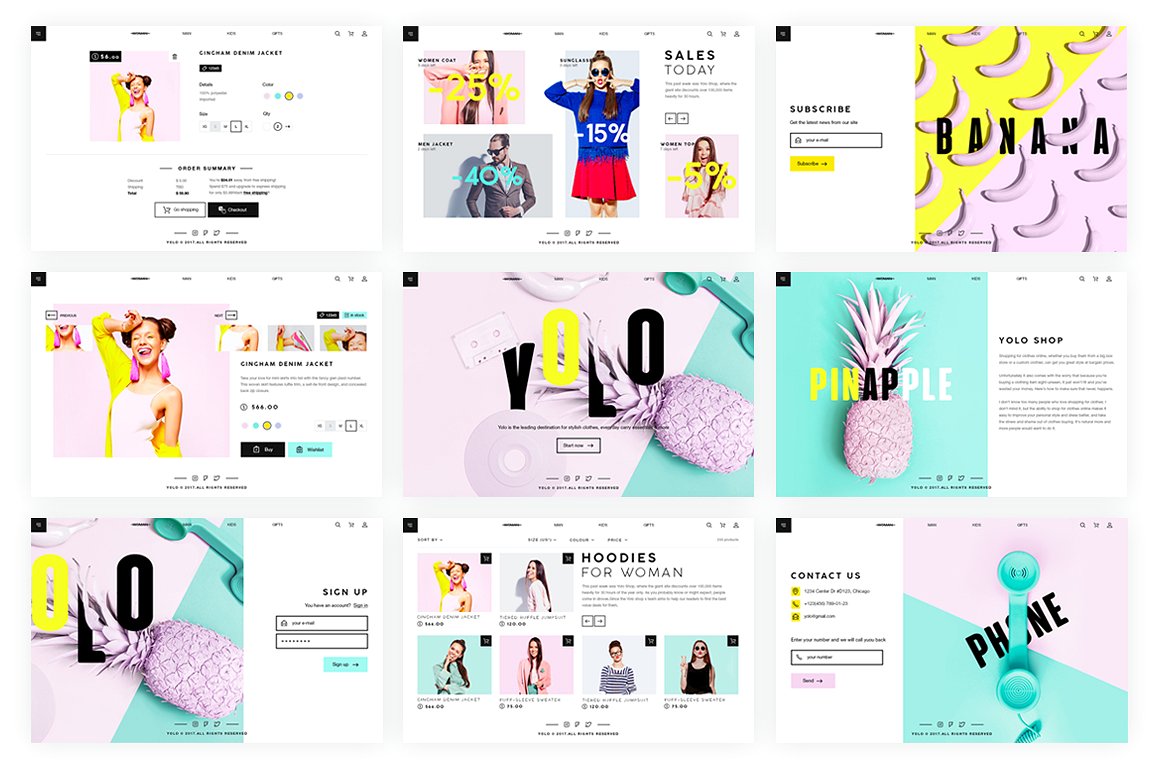 现代多彩的响应式商店网页模板 Yolo Shop插图3