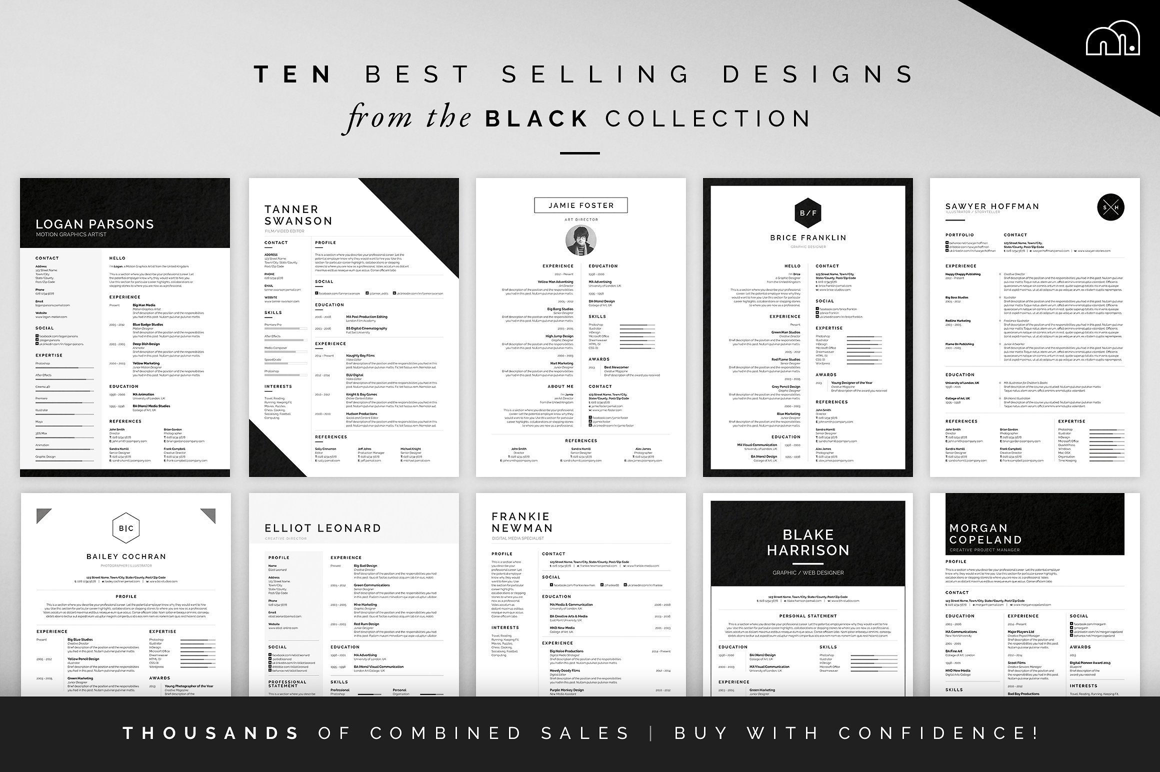 10款极简的黑色系简历模板 10 Black Collection ResumeCV Bundle插图4
