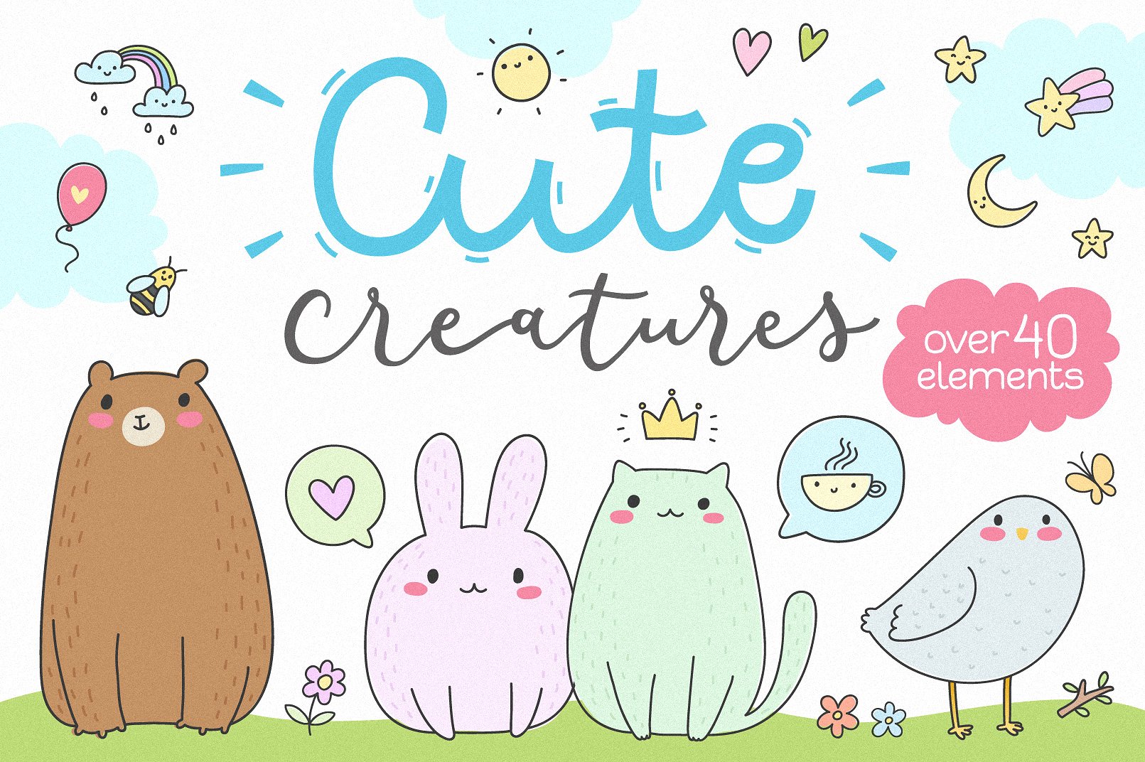 可爱手绘矢量卡通图案集合 Cute Creatures Vector Set插图