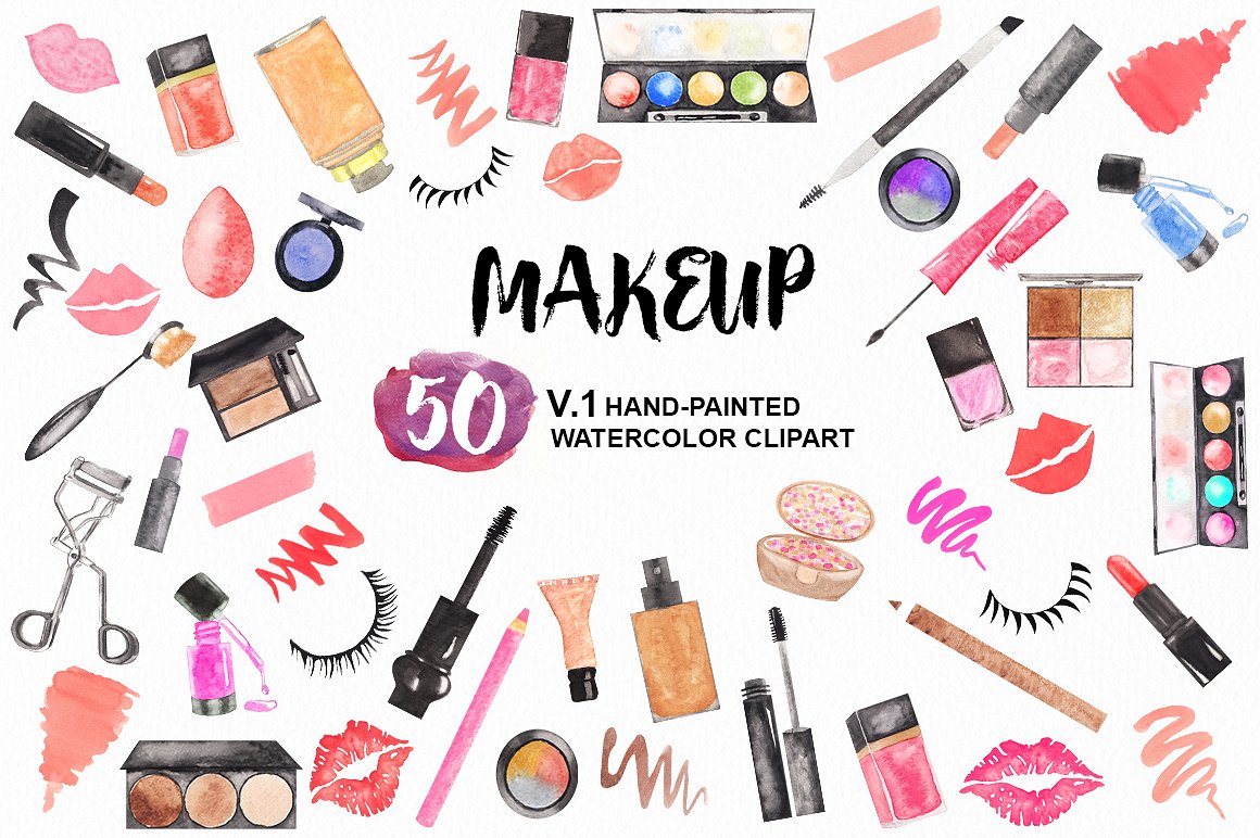 50款手绘水彩化妆品剪贴画集 50 Watercolor Makeup Cosmetics Set插图