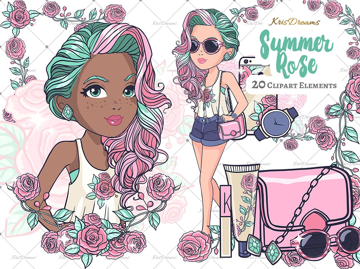 20款高品质的夏季手绘玫瑰剪贴画 20 Summer Rose Clipart Set插图