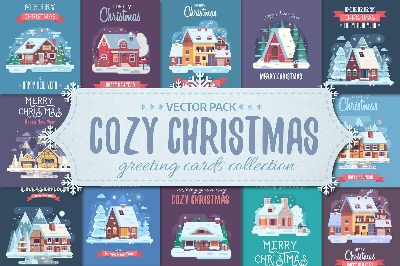 圣诞主题的舒适的冬屋矢量元素 Cozy Winter House Christmas Cards插图