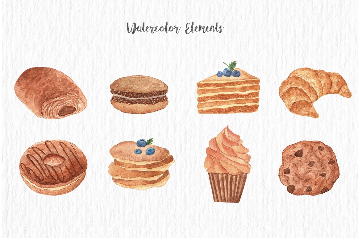 手绘水彩面包店元素集合 Watercolor Sweet Bakery set插图3