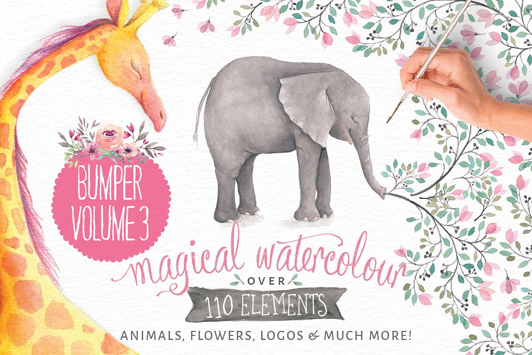 神奇的水彩动物图案集合 Watercolor Animals & Flowers插图