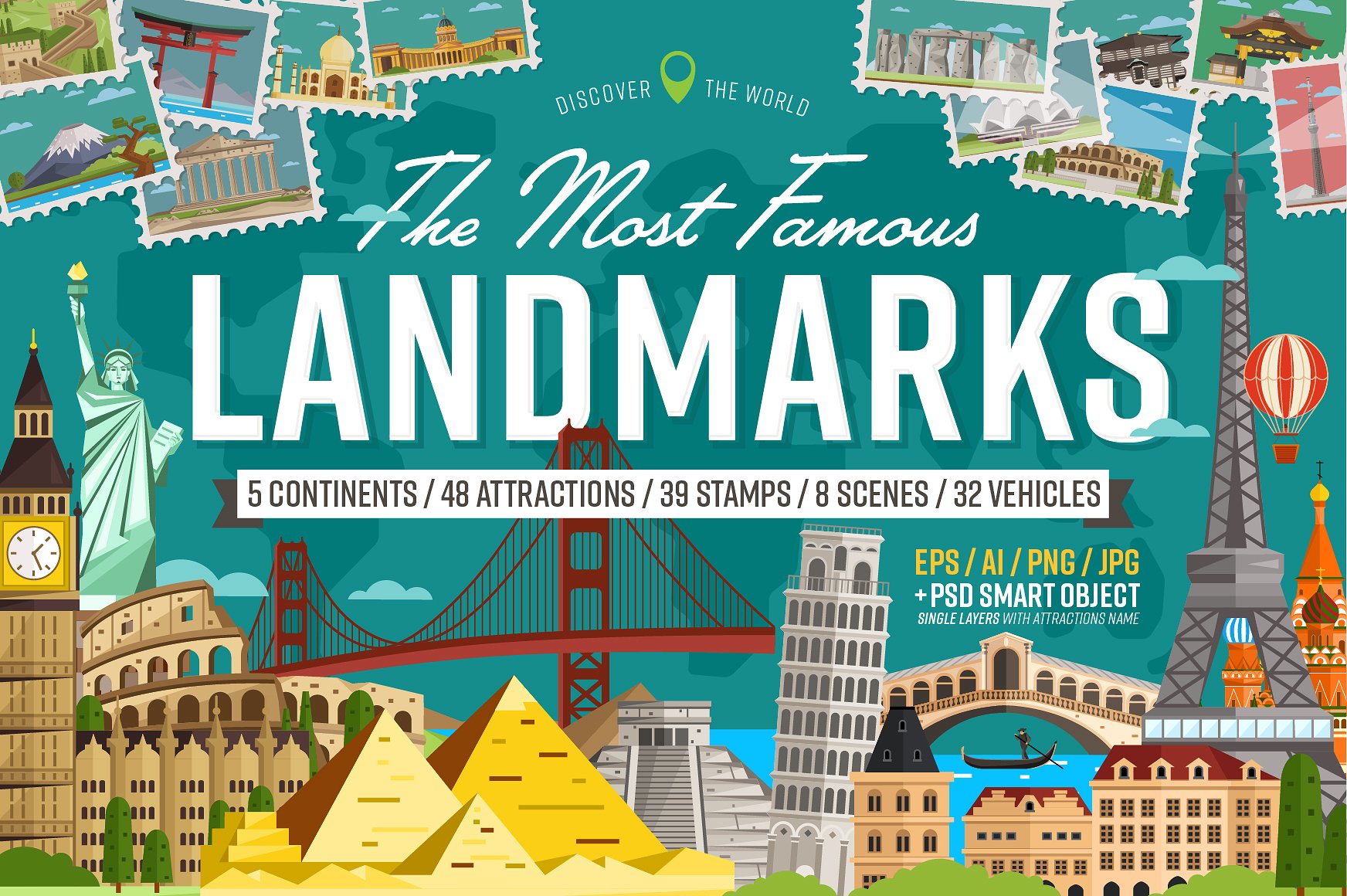 世界上最著名的地标建筑AI矢量插图 Most Famous Landmarks Of The World插图