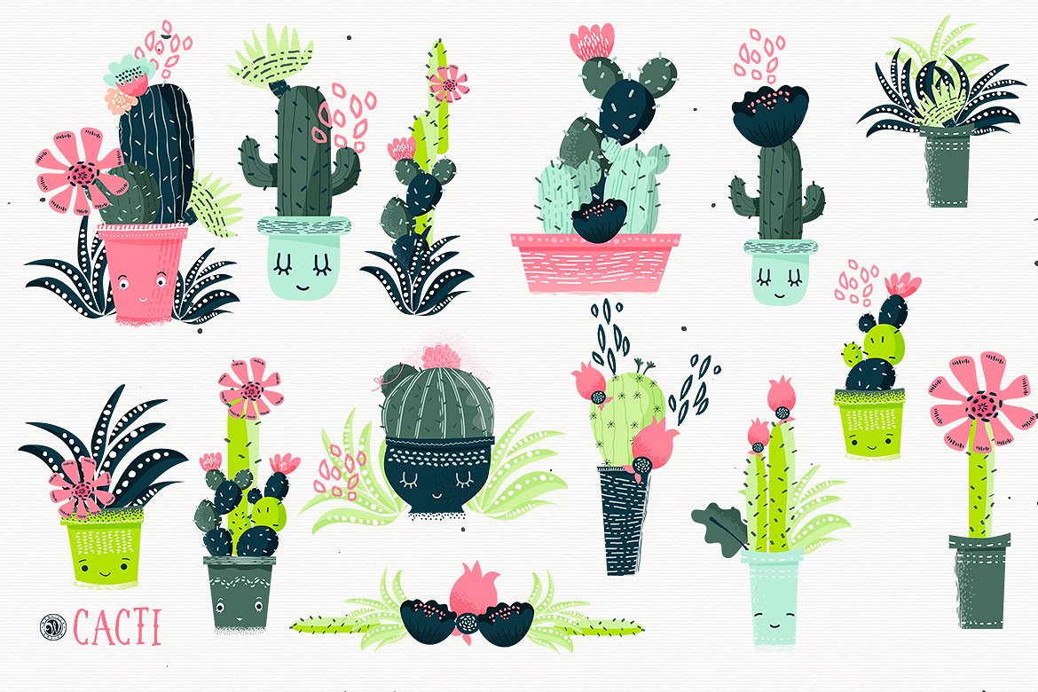 可爱卡通仙人掌图案集合 Cacti With Smiling Pots插图5
