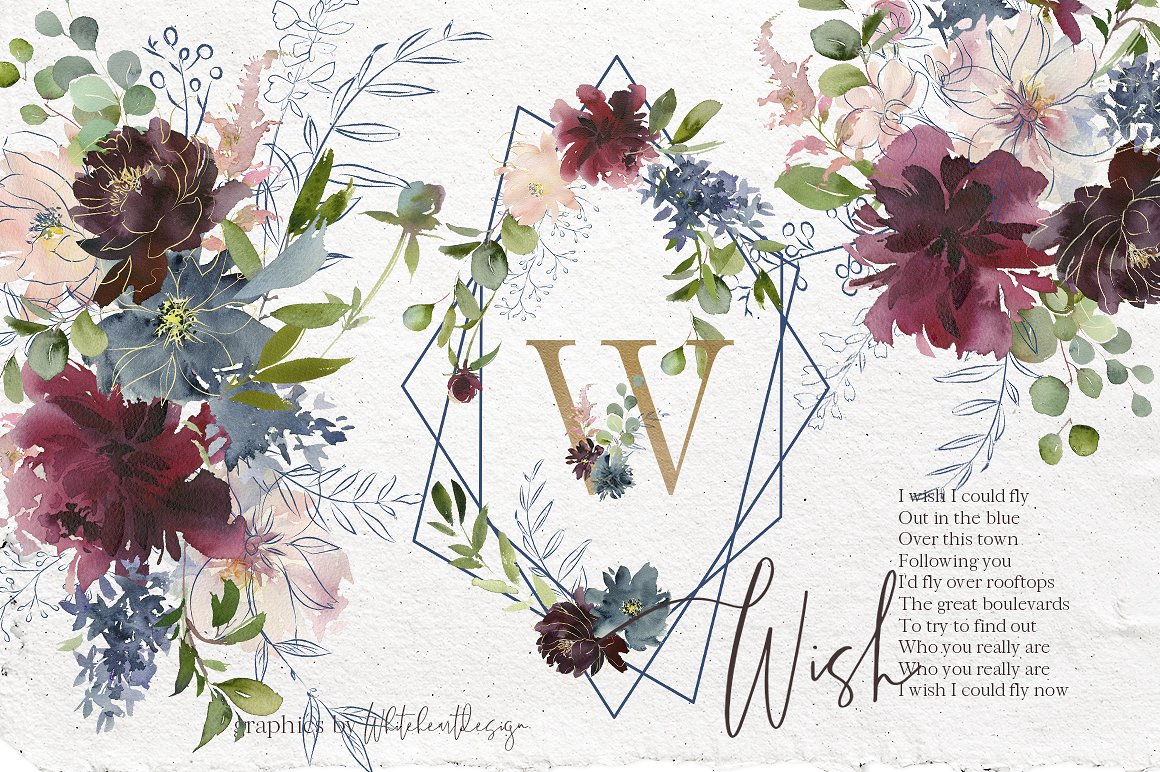 多彩优雅的花卉素材包 Wish Bordo Blue Watercolor Flowers插图