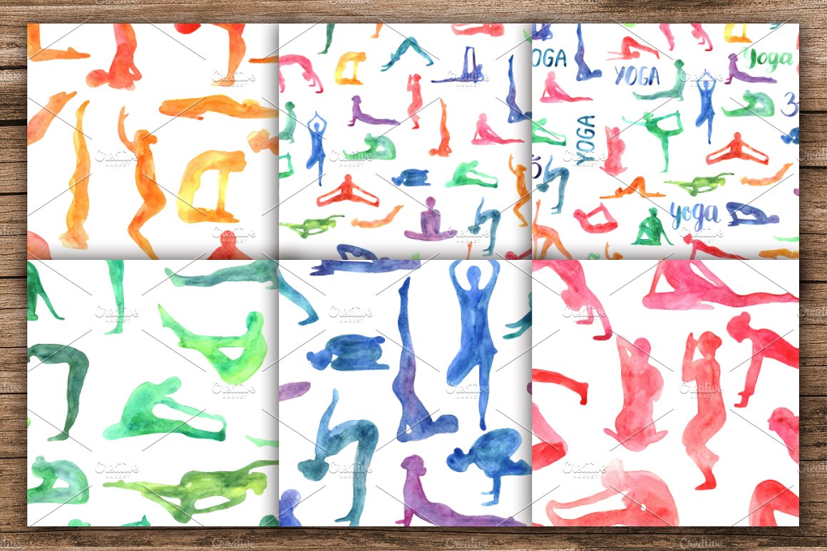 瑜伽体式水彩矢量图案集合 Watercolor Yoga Asanas插图3