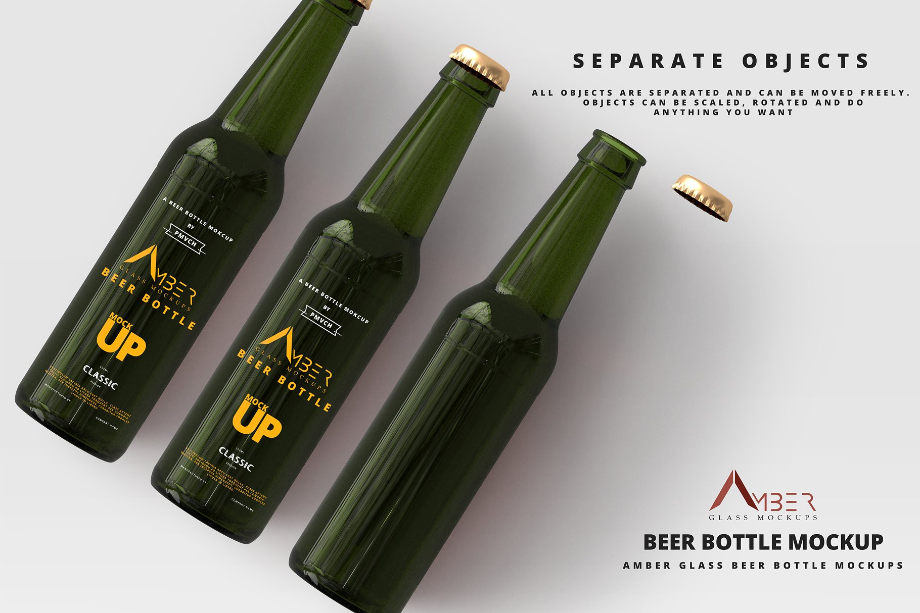 琥珀玻璃啤酒瓶样机 Amber Glass Beer Bottle Mockup插图4