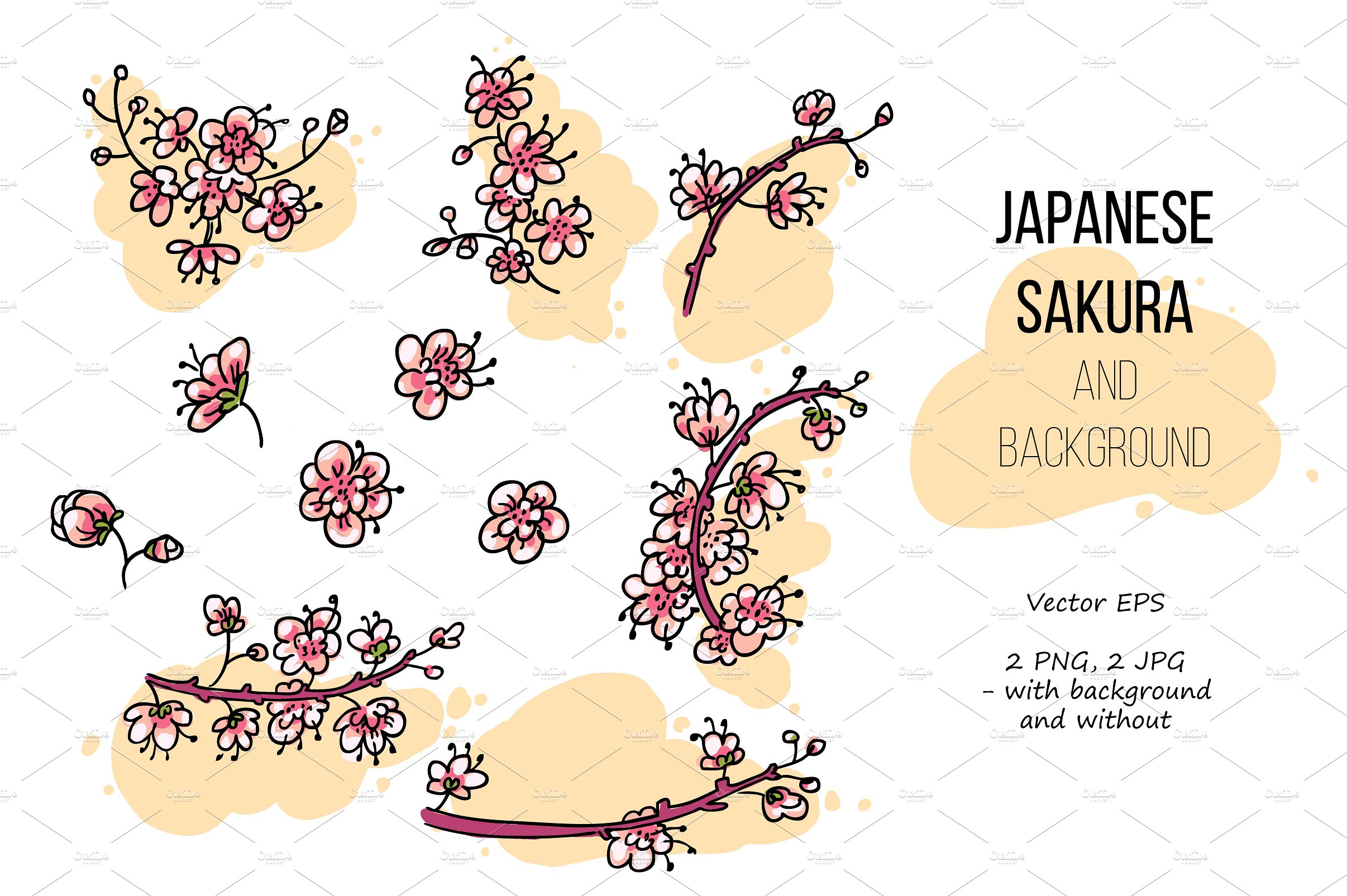漂亮的手绘粉红色的日本鸟&花集 Pink Japanese Bird&Floral Set插图1