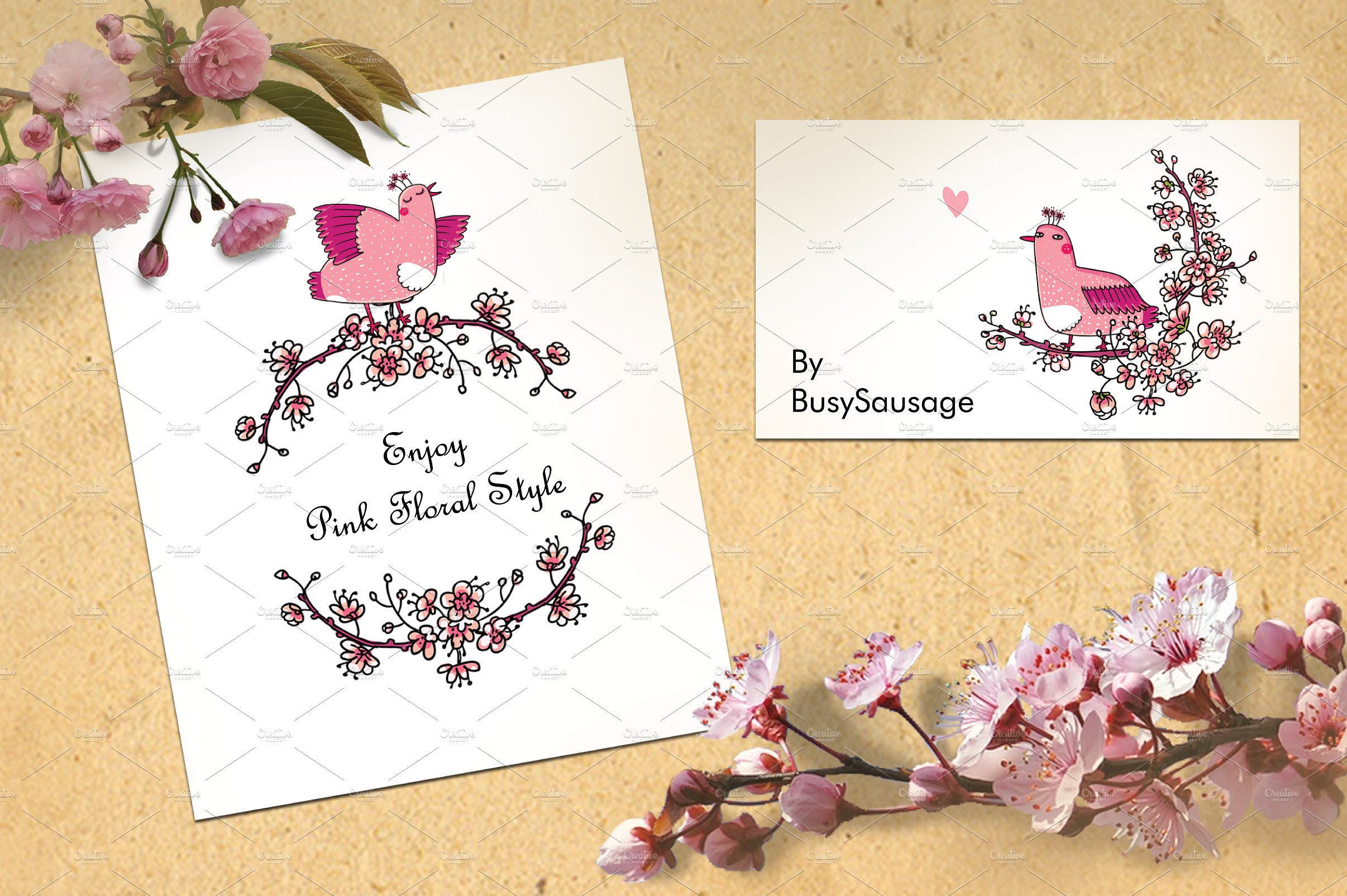 漂亮的手绘粉红色的日本鸟&花集 Pink Japanese Bird&Floral Set插图4