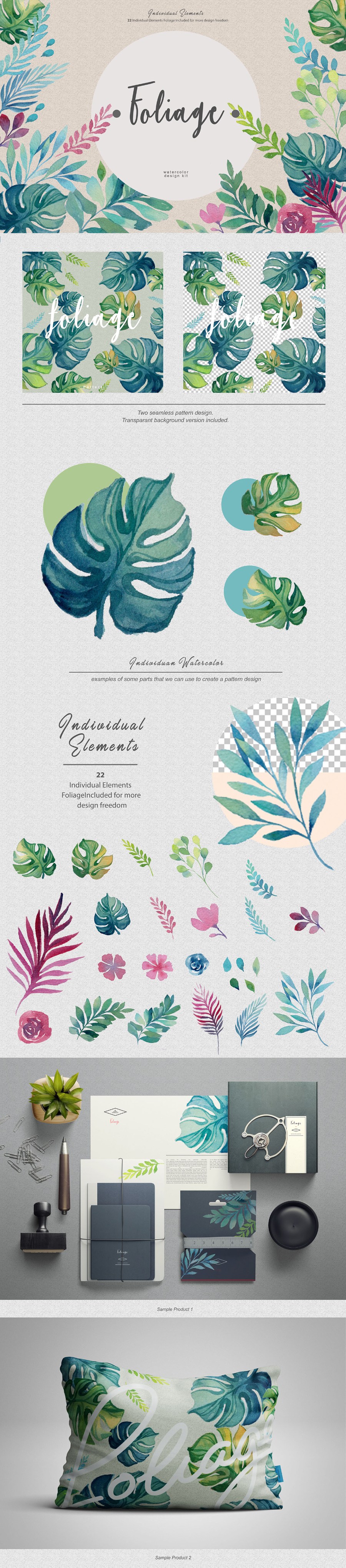 美丽的手绘叶子水彩工具包 Foliage Watercolor Design Kit插图