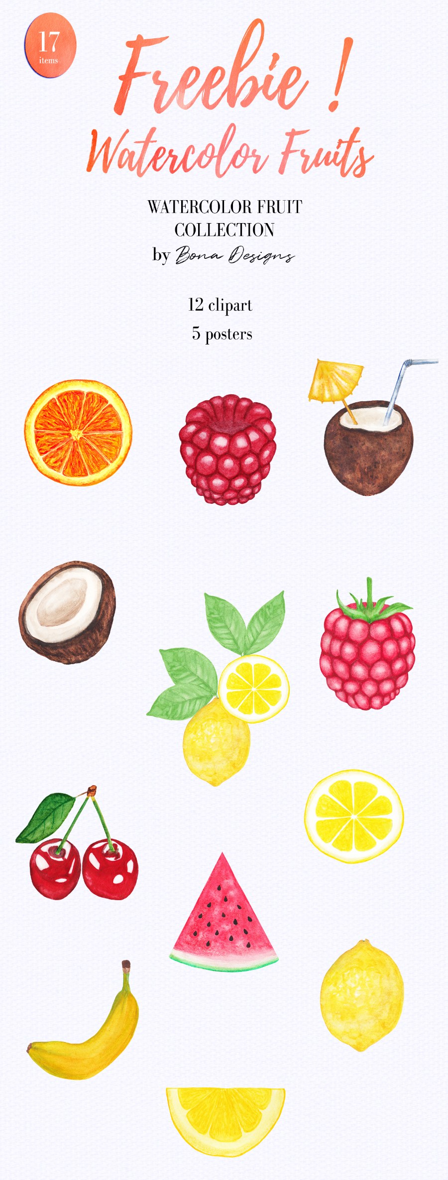 12幅高分辨率手绘水果水彩剪贴画套装 12 Watercolor Fruits插图1