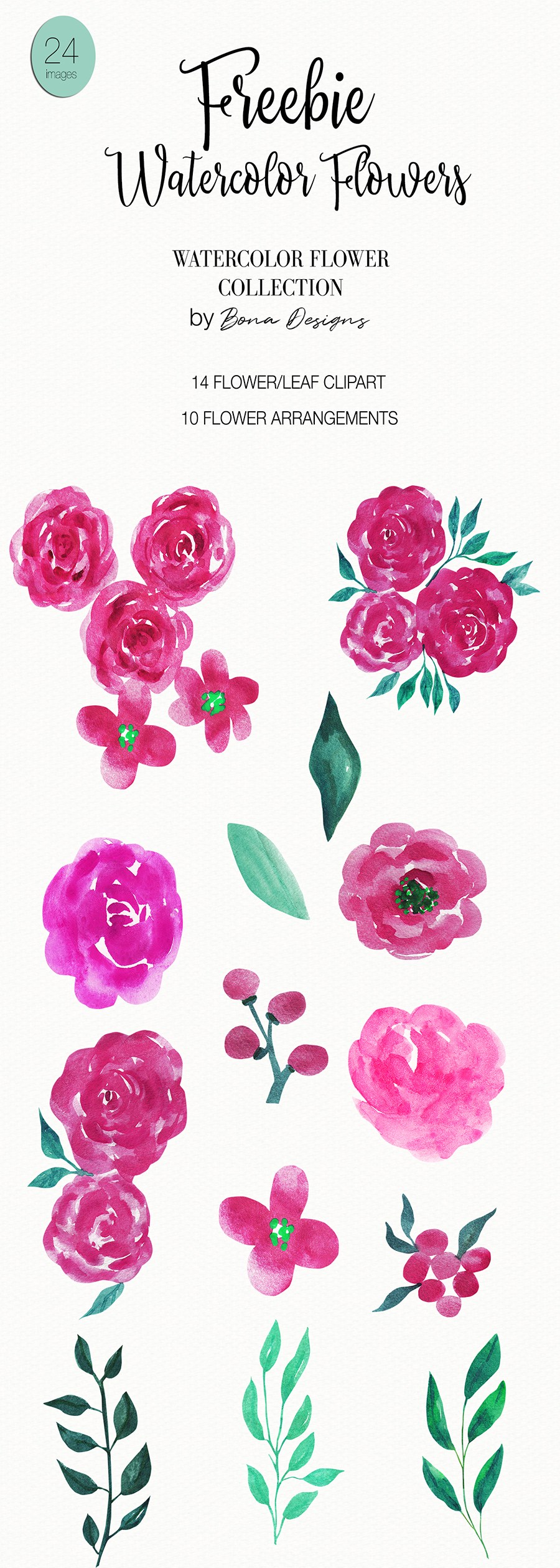 14款高分辨率手绘粉红玫瑰剪贴画套装 14 Pink Roses Cliparts插图1