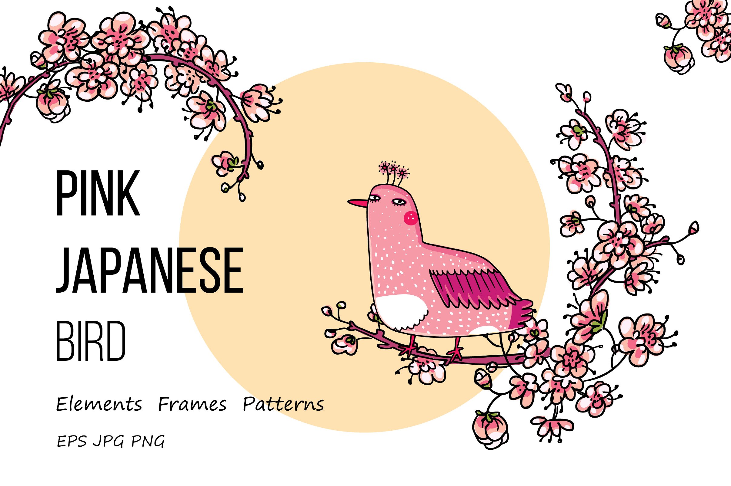 漂亮的手绘粉红色的日本鸟&花集 Pink Japanese Bird&Floral Set插图