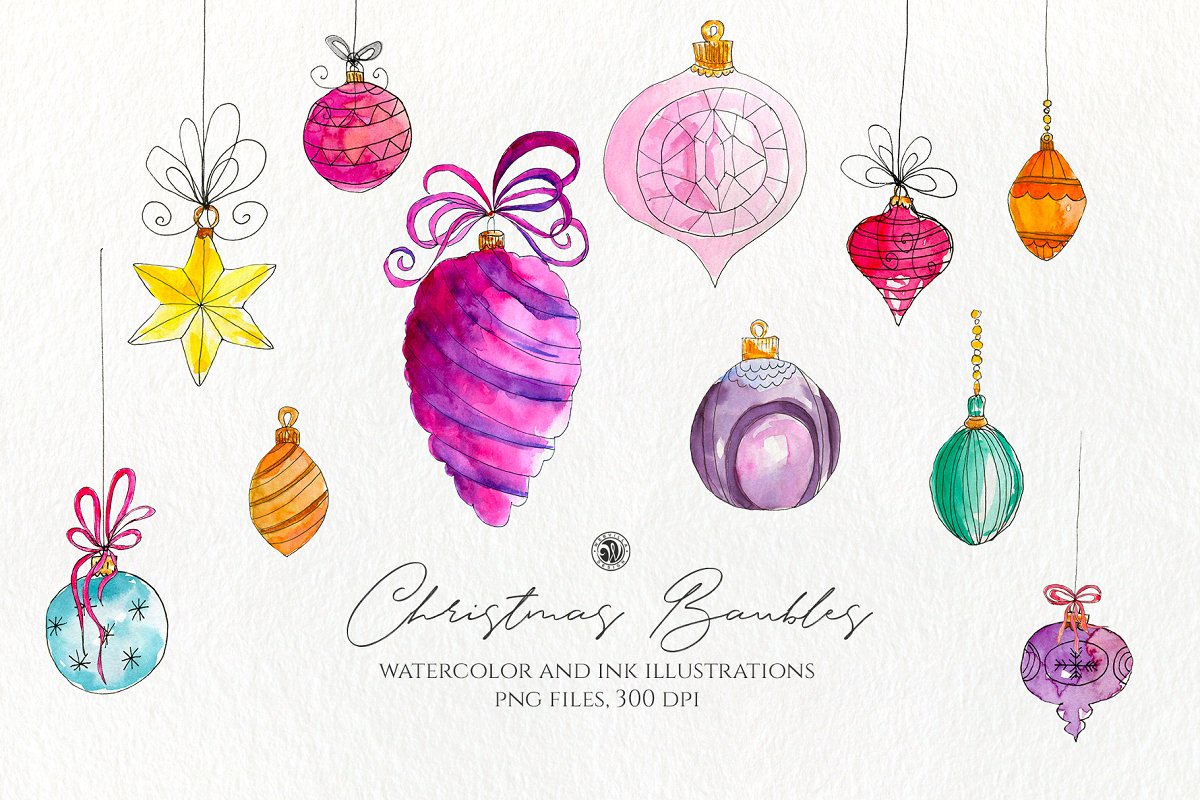 圣诞节水彩小玩意画集 Christmas Watercolor Baubles Set插图