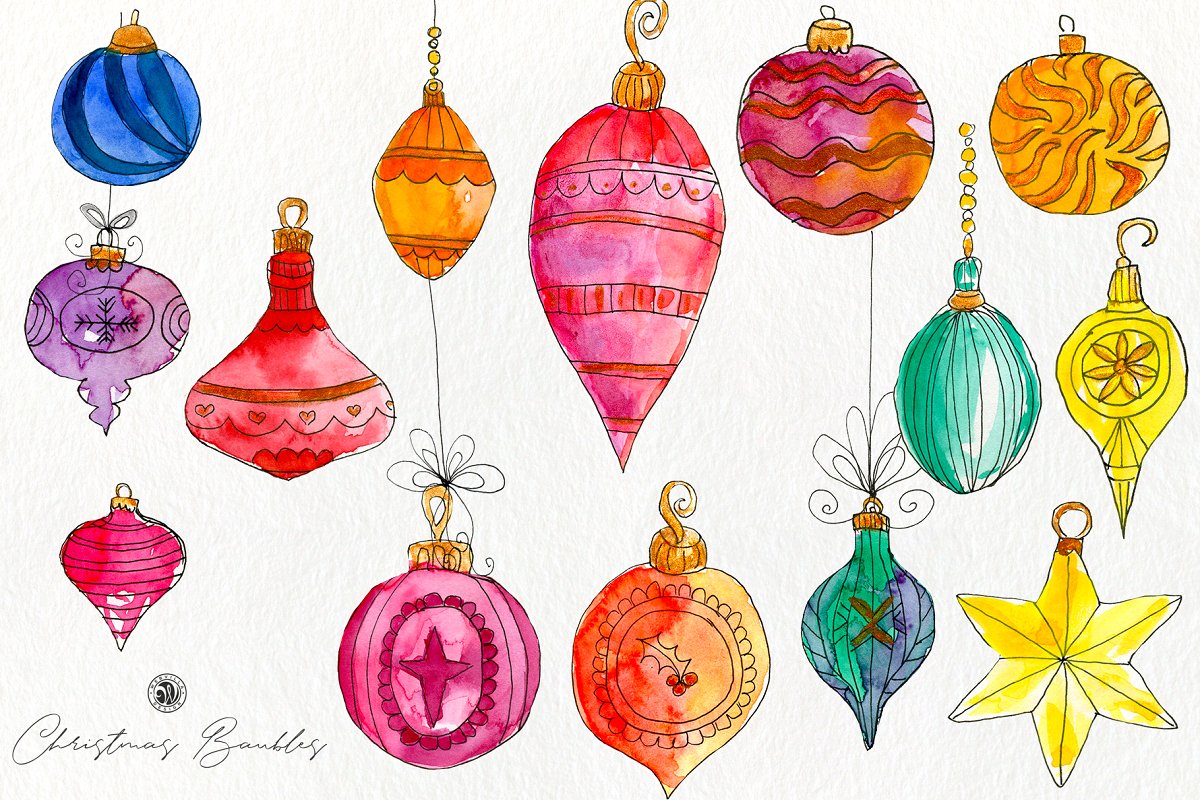 圣诞节水彩小玩意画集 Christmas Watercolor Baubles Set插图4
