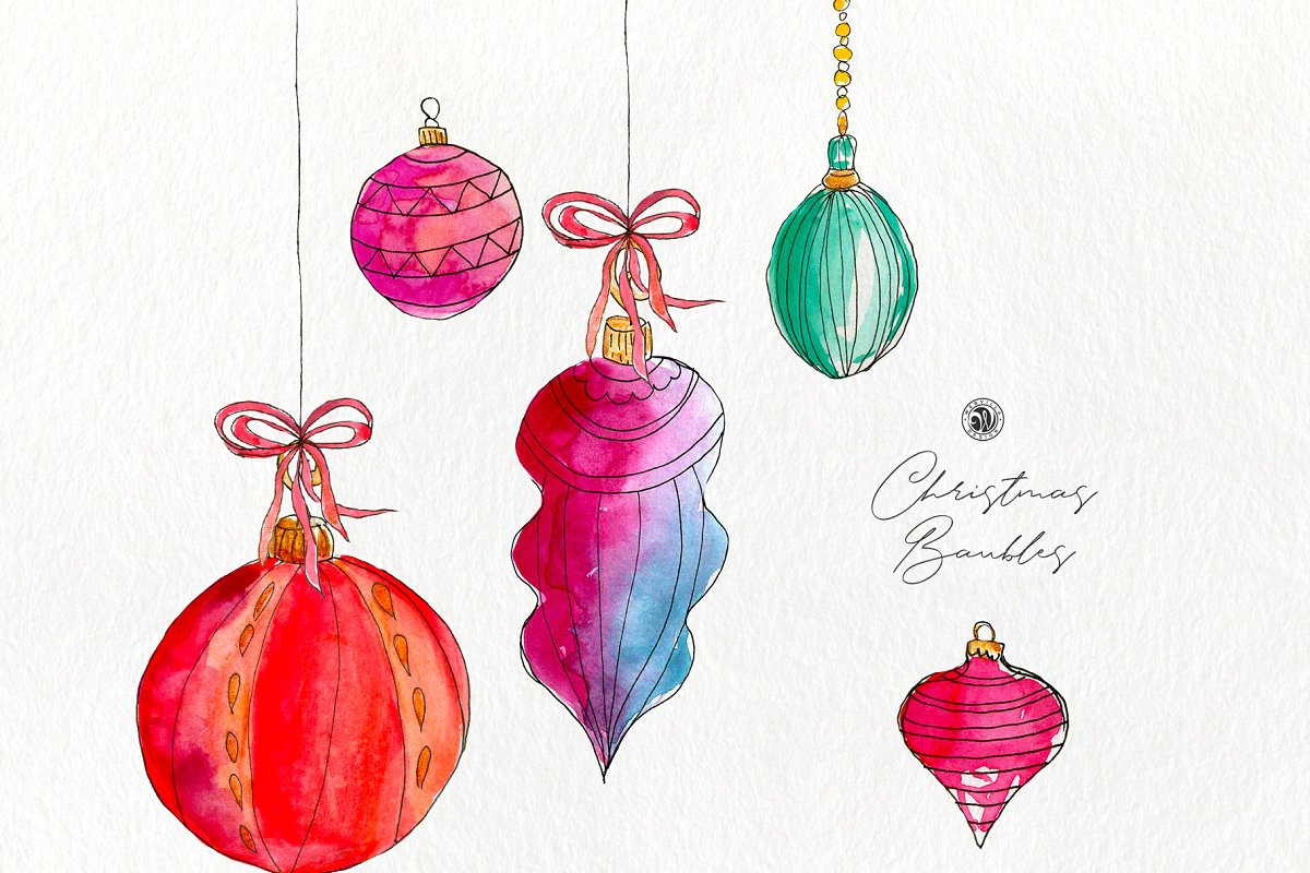 圣诞节水彩小玩意画集 Christmas Watercolor Baubles Set插图6