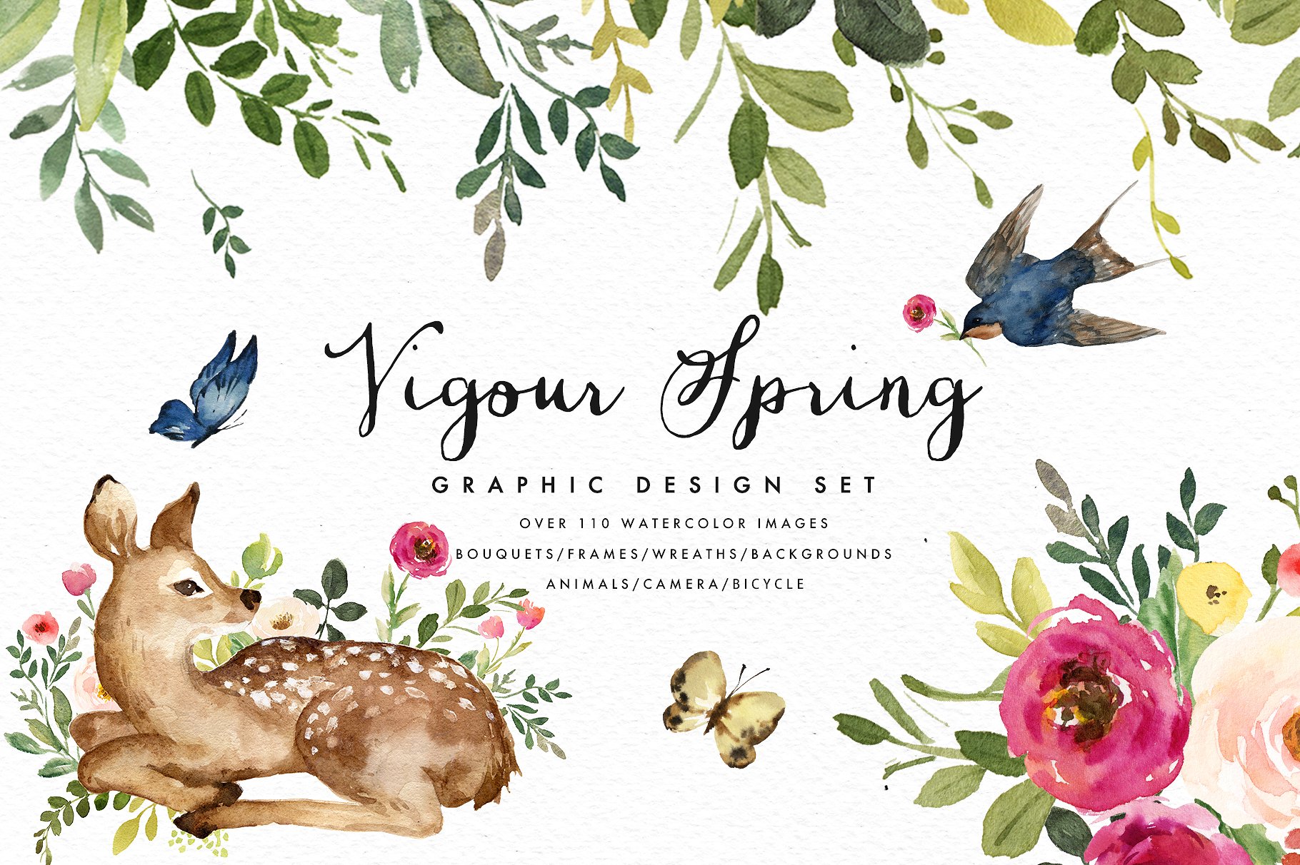 蓬勃活力的春天水彩插画集合 Vigorous Spring Graphic Design Set插图