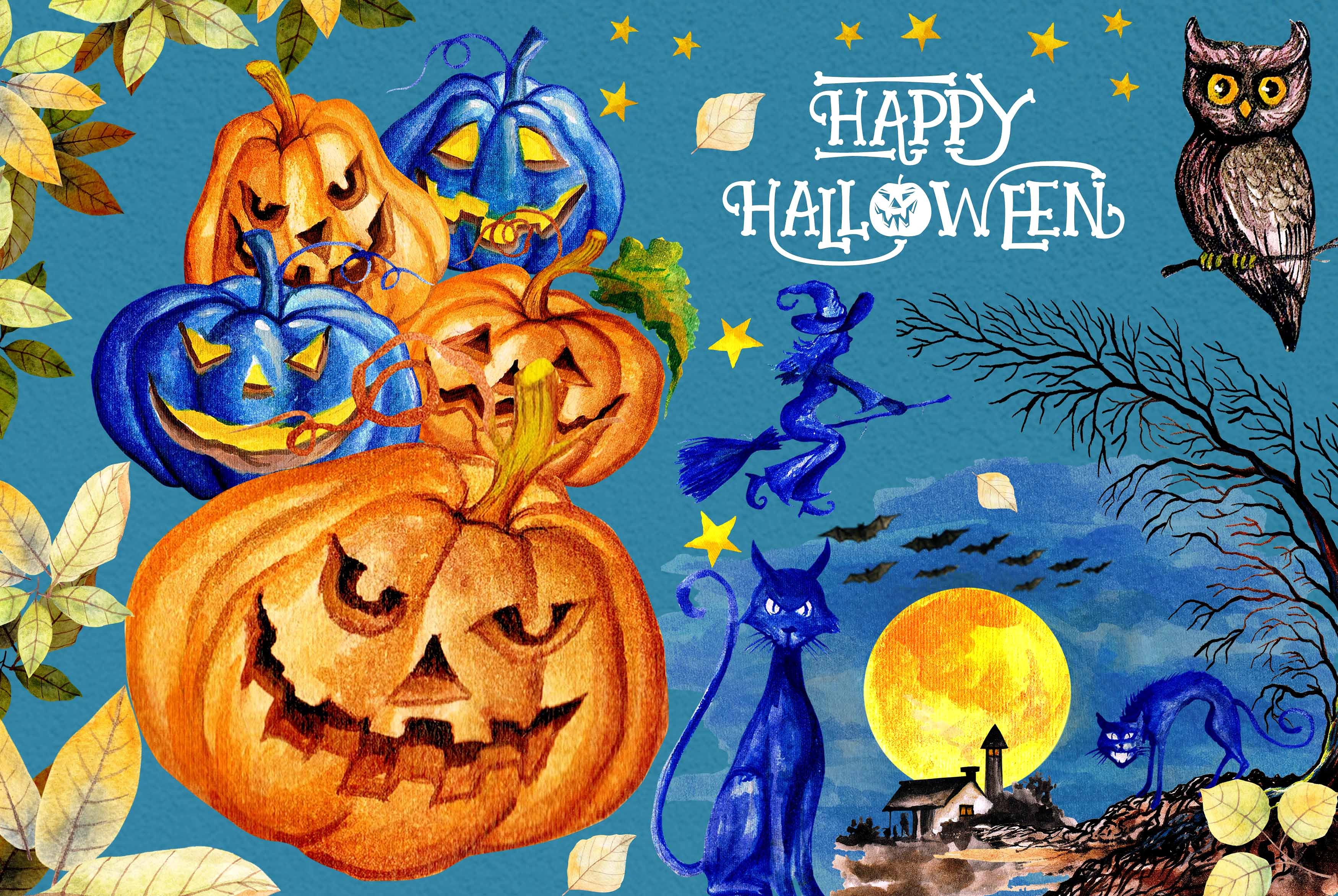 手绘水彩万圣节快乐图案合集 Watercolor Happy Halloween插图