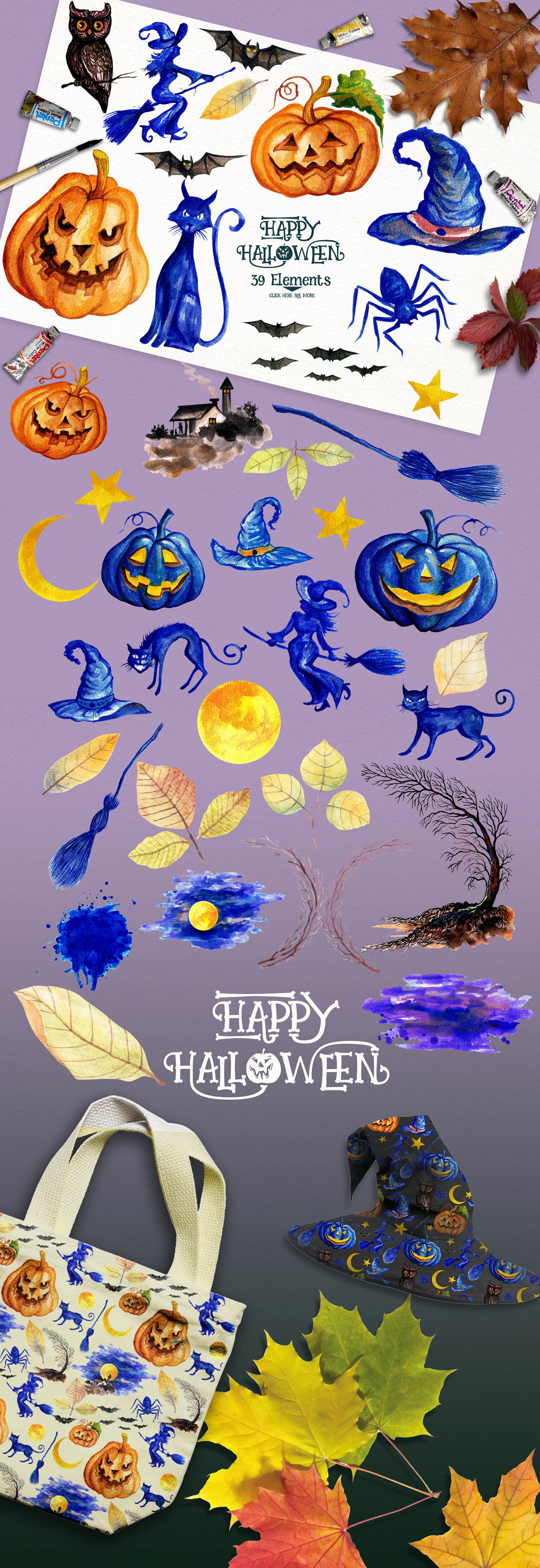 手绘水彩万圣节快乐图案合集 Watercolor Happy Halloween插图2