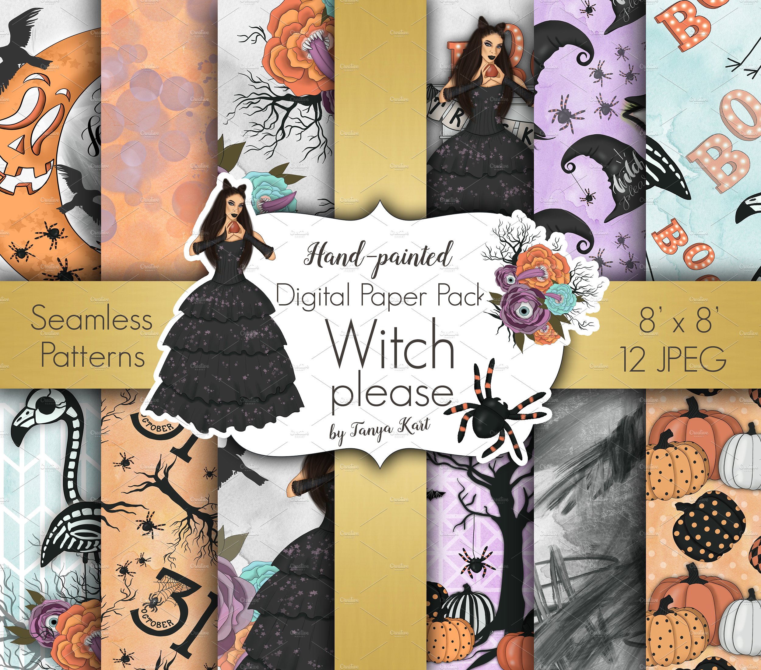 女巫手绘设计插图和无缝模式图案工具包 Witch Please Halloween Design Kit插图1
