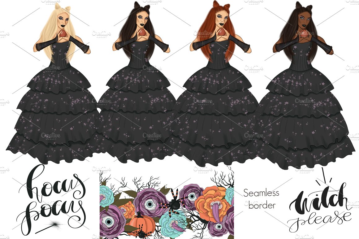 女巫手绘设计插图和无缝模式图案工具包 Witch Please Halloween Design Kit插图6