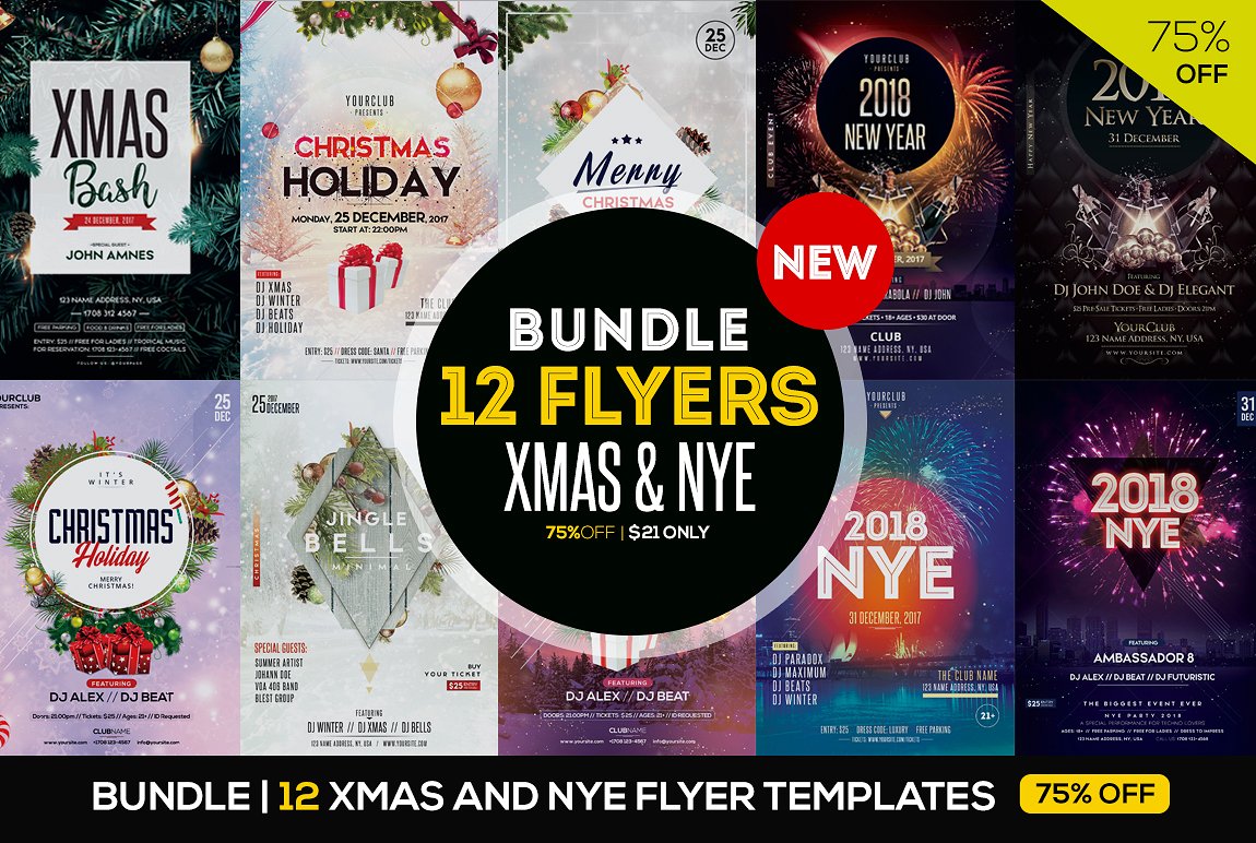 12款圣诞节冬季促销单页模板 BUNDLE – 12 XMAS & NYE FLYERS插图
