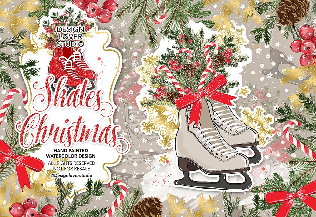 手绘水彩溜冰鞋圣诞剪贴画 Skates Christmas Design插图
