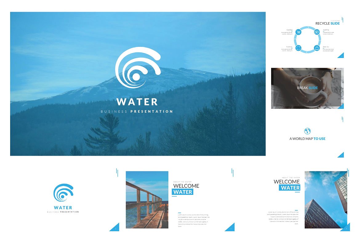 强大的蓝色企业介绍幻灯片模板 WATER Presentation Templates插图