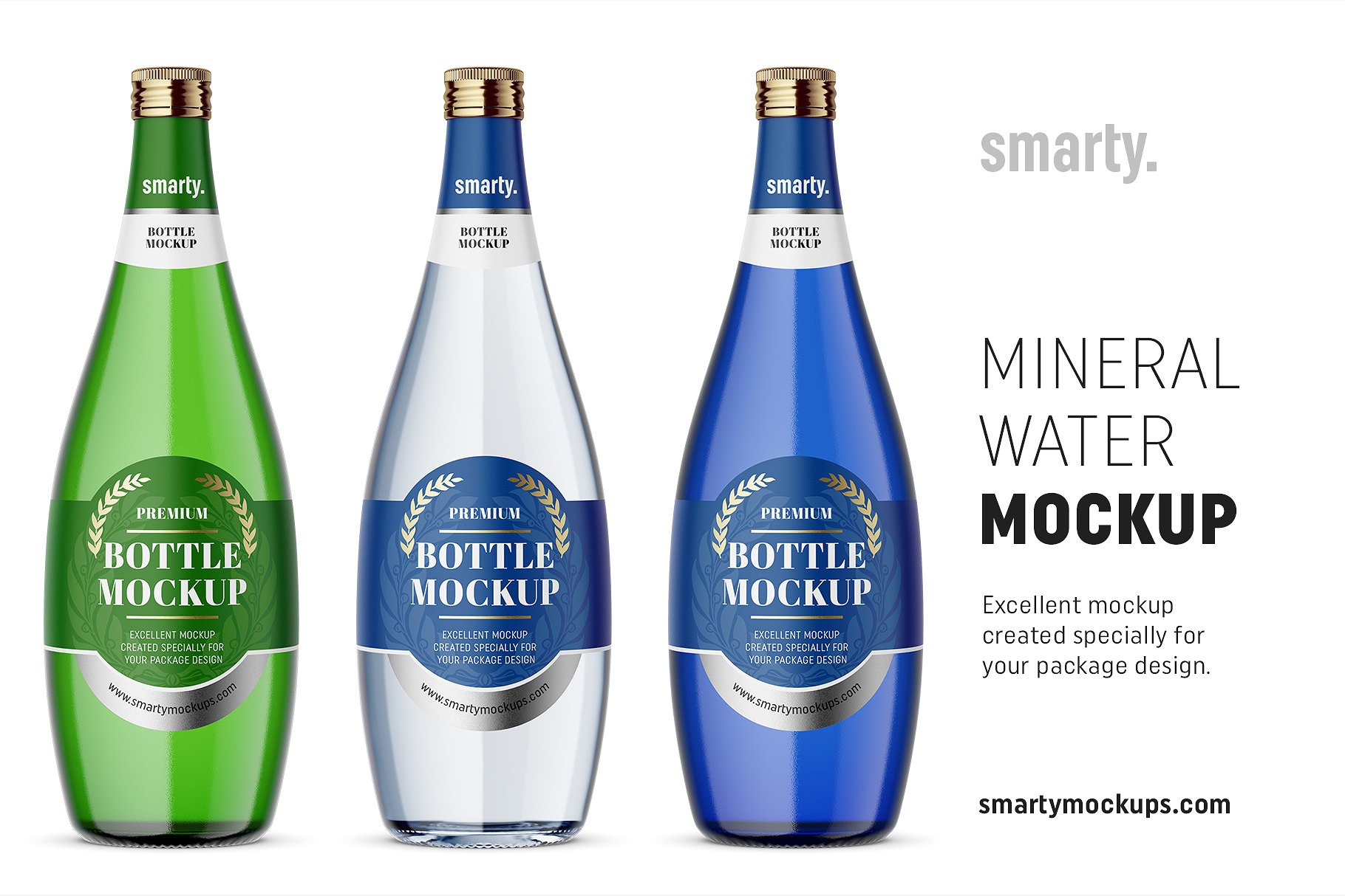 带有金属亮泽的玻璃矿泉水瓶样机 Glass Mineral Water Bottle Mockups插图
