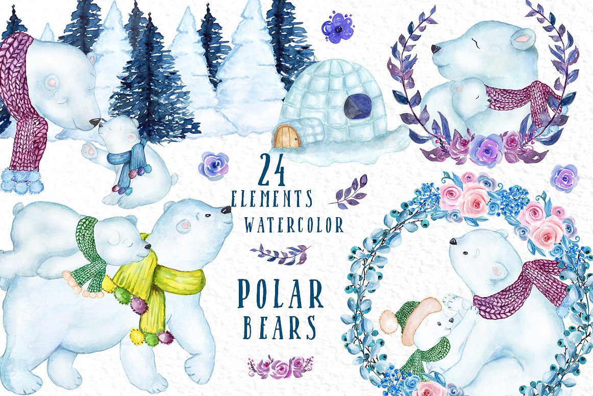 手绘水彩北极熊剪贴画 Watercolor Polar Bears Clipart插图