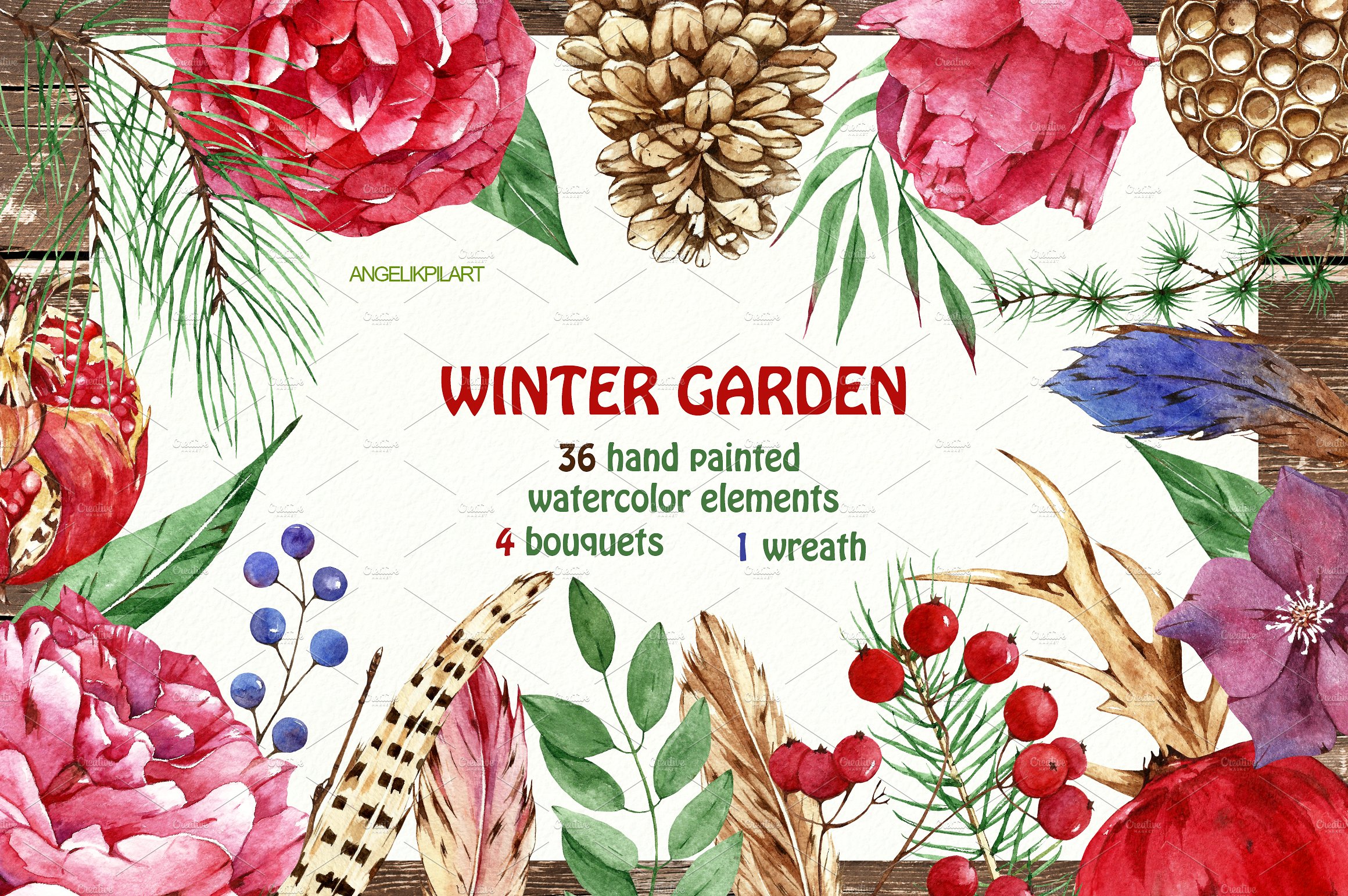 高品质手绘冬季花园水彩画集 Watercolor Set Winter Garden插图